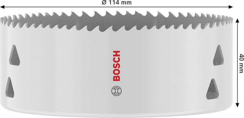 Hartmetall-bestückte Kreislochsäge, 114mm Durchmesser und 40mm Höhe, mit Bosch-Branding in der Mitte.