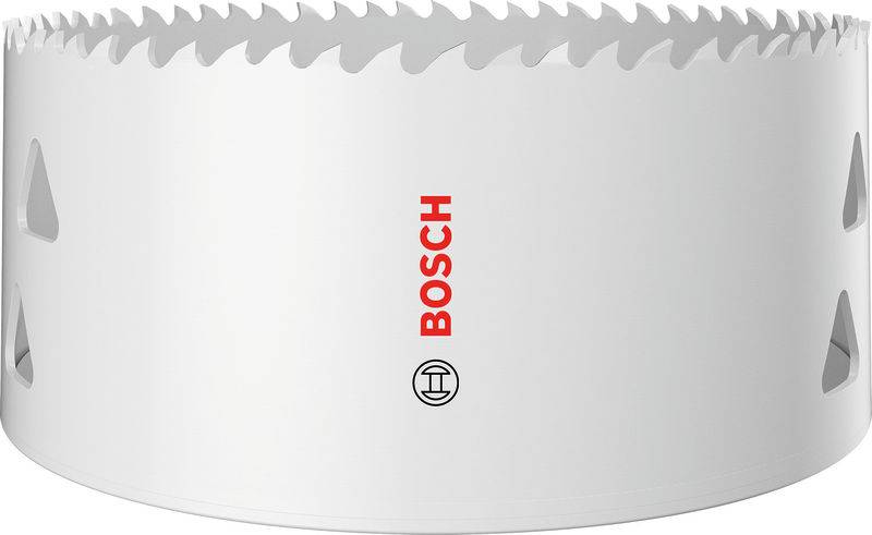 Eine weiße Bosch-Lochsäge mit gezackten Kanten, mit dem Bosch-Logo in rotem Text an der Seite.
