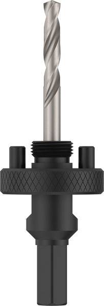 Ein schwarzer Bohrerbitadapter mit angefügtem Metallbohrbit, entworfen für Elektrowerkzeuge, verwendet zum Bohren von Löchern in verschiedenen Materialien.