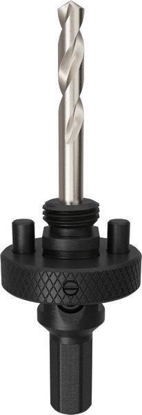 Ein schwarzer Bohrmaschinen-Adapter mit einem Metallbohraufsatz und strukturiertem Griff, entwickelt zum sicheren Befestigen von Werkzeugen für Bohrarbeiten.