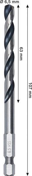 Ein Metallbohrer mit spiralförmigen Nuten und Maßangaben: 107 mm Länge und 6,5 mm Durchmesser.