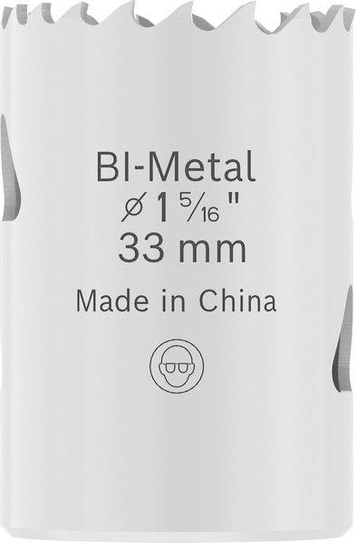 Ein zylindrisches Bi-Metall-Lochsägeblatt mit gezacktem Rand, das mit „BI-Metal ø 1 5/16