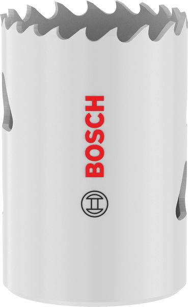 Eine weiße Bosch-Lochsäge mit gezacktem Rand, die das Bosch-Logo in Rot und ein Bohrsymbol darunter zeigt.