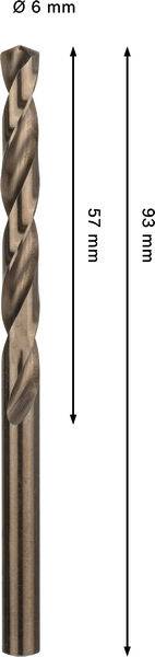 Ein bronzefarbener Bohrer mit einer Länge von 93 mm und einem Durchmesser von 6 mm. Ein Pfeil zeigt eine Nutlänge von 57 mm an.