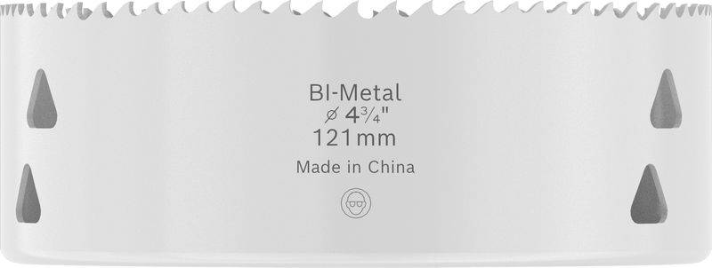 Nahaufnahme einer Bi-Metall-Lochsäge mit den Aufschriften „121 mm