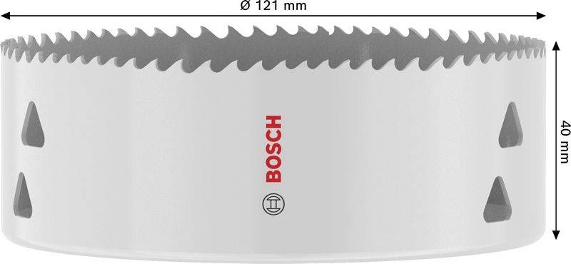 Bosch-Lochsäge mit einem Durchmesser von 121 mm und einer Höhe von 40 mm, mit gezahnter Schneidkante und Belüftungsschlitzen.