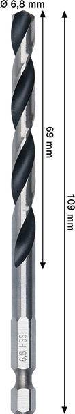 Ein Bohrer mit einem Durchmesser von 6,8 mm, einer Gesamtlänge von 133 mm und einer Schneidenlänge von 69 mm mit spiralförmigem Design.
