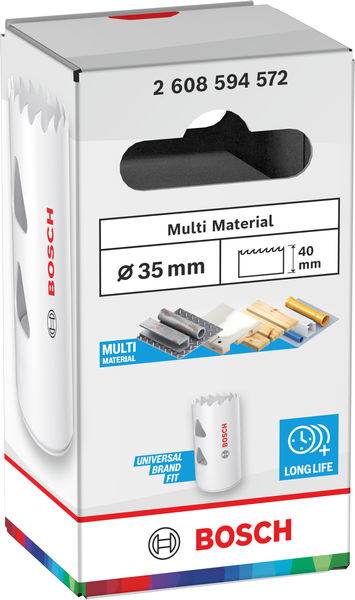 Bosch Mehrstoff-Lochsäge Verpackung, 35mm Durchmesser, geeignet für Materialien wie Metall, Holz und Kunststoff. Verfügt über „Universal