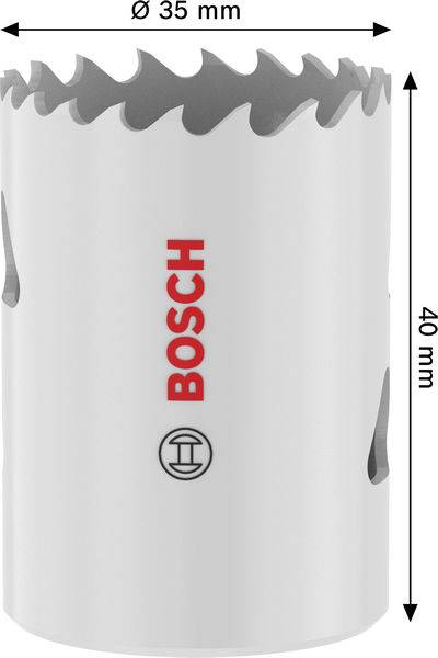 Eine weiße Bosch-Lochsäge mit rotem Logo, mit gezähnten Kanten; Abmessungen sind Ø 35 mm und 40 mm Höhe.