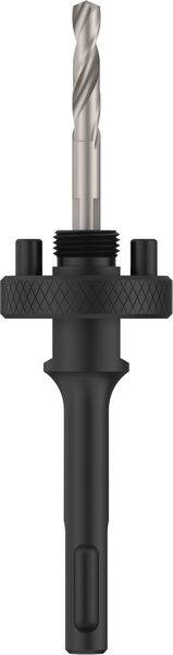 Ein schwarzer und silberner Lochsägen-Träger mit angefügtem Bohraufsatz, entwickelt zum Anbringen an Elektrowerkzeugen zum Bohren großer Löcher in verschiedenen Materialien.