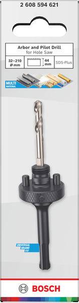 Ein Bohrfutter mit Pilotbohrer für eine Lochsäge, kompatibel mit Lochsägen von 32-250 mm, in einer Verpackung mit der Bezeichnung „Bosch