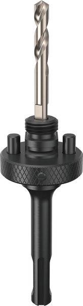 Ein schwarzer Bohraufsatz mit eingefügtem metallischem Bohrer. Der Aufsatz hat eine strukturierte Griffoberfläche und ist so konzipiert, dass er Bohrer sicher hält.