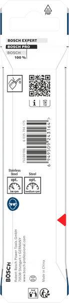 Ein Bosch Expert-Blattpaket, das die Eignung zum Schneiden von sowohl Edelstahl als auch Stahl anzeigt. Enthält einen QR-Code und verschiedene Barcodes.