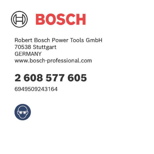 Bosch-Logo mit Kontaktdaten: Robert Bosch Elektrowerkzeuge GmbH, Stuttgart, Deutschland. Telefon: 2 608 577 605. Website: www.bosch-professional.com.
