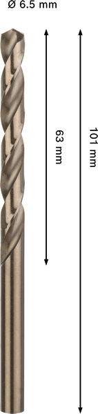 Ein Metallbohrer mit einem Durchmesser von 6,5 mm und einer Gesamtlänge von 101 mm wird gezeigt. Der Nuttenteil ist 63 mm lang.