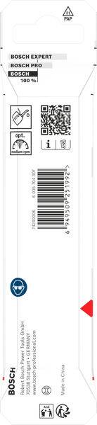 'Bosch Expert' Bohrerwerkzeugverpackung mit Barcode, QR-Code und Sicherheitssymbolen. Hergestellt in China. 1 Stück.