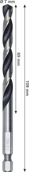 Ein Metallbohrbit mit Nutenprofil, 169 mm Länge und 7 mm Durchmesser messend, mit sechseckiger Basis ausgestattet.