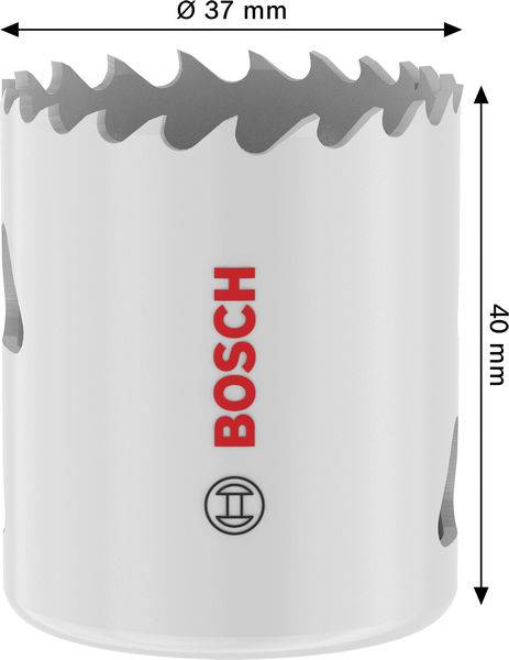 Eine zylindrische Bosch-Lochsäge mit gezackten Kanten, beschriftet mit 'Ø 37 mm' und '40 mm'.