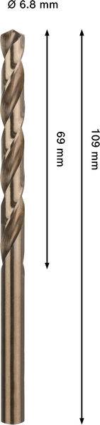 Ein Metallbohrer mit einem Durchmesser von 6,8 mm, einer Gesamtlänge von 109 mm und einer Nuttenlänge von 69 mm.
