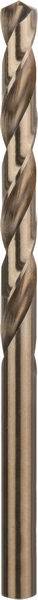 Ein braunes metallisches Bohrwerkzeug mit Spiralnuten, vertikal dargestellt, das Licht auf seiner glatten Oberfläche reflektierend.