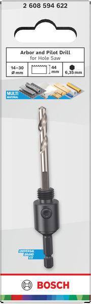 Paket mit einer Bosch-Arbor und Pilotbohrer für Lochsäge, passend für Größen 14-30 mm und 44 mm. Enthält Bohrbitbild und Bosch-Logo.