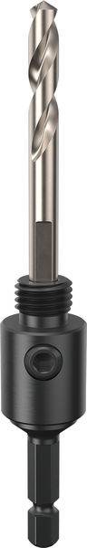 Ein Metallbohrer mit angebrachtem schwarzem Sechskant-Schaftadapter, konzipiert zum effizienten Bohren von Löchern.