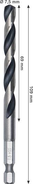 Ein Metallbohrer mit Spiraldesign, 139 mm lang und 7,5 mm Durchmesser, verfügt über Maßannotationen, die seine Größe angeben.