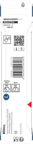 Verpackung für Bosch Expert mit QR-Code, Barcode und Symbolen zur Kennzeichnung der Verwendung für Edelstahl und Stahl.