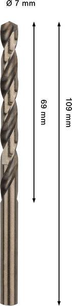 Ein Bohrbit mit einem Durchmesser von 7 mm, einer Gesamtlänge von 109 mm und einer Schneidenlänge von 69 mm.