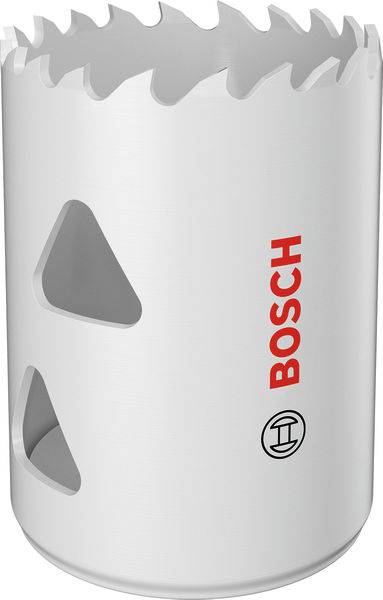 Eine weiße Bosch-Lochsäge mit scharfen Zähnen und Belüftungslöchern, die zum Schneiden präziser kreisförmiger Löcher in verschiedenen Materialien verwendet wird.