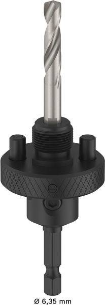 Ein Bohrfutter mit angebrachtem Wendelbohrer, beschriftet mit „Ø 6,35 mm