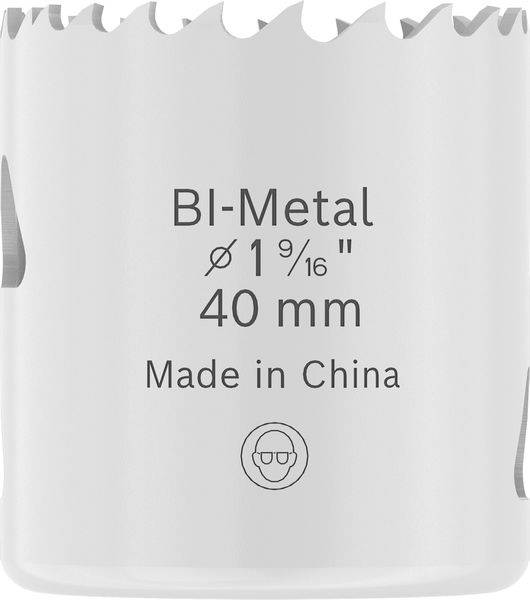 Ein Bi-Metall-Lochsägeaufsatz mit Zähnen, beschriftet mit „Bi-Metal Ø 1 9/16