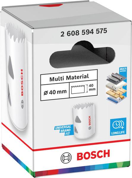 Bosch-Lochsägen-Verpackung mit einer 40-mm-Mehrzwecklochsäge. Hebt die universelle Kompatibilität und lange Lebensdauer hervor.