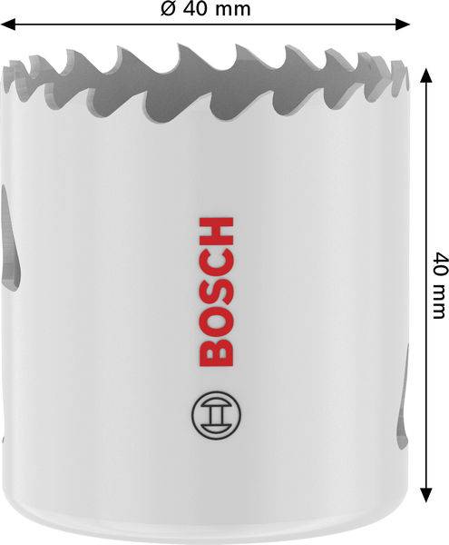 Bosch-Lochsäge mit einem Durchmesser von 40 mm und einer Höhe von 40 mm, mit gezackter Schneidekante und einem Markenetikett auf der Seite.