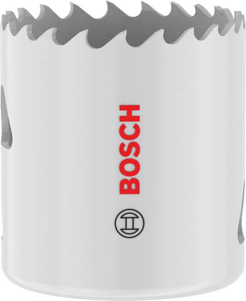 Eine weiße Bosch-Lochsäge mit scharfen Zähnen oben, mit dem Bosch-Logo in Rot vertikal auf der Seite.