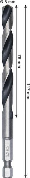 Ein Bohrer mit einer Länge von 117 mm, einem Schaft von 75 mm und einem Durchmesser von 8 mm.
