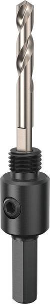 Ein Metallbohrer mit schwarzem sechskantigen Schaftadapter, entworfen für die Verwendung mit Elektrobohren, wobei die Schneidkante und der Gewindebereich sichtbar sind.