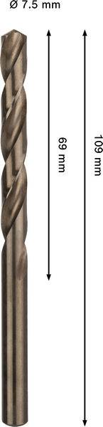 Ein Metallbohrer mit einer Gesamtlänge von 139 mm und einem Durchmesser von 7,5 mm, mit einem sichtbaren Spiraldesign für Bohrzwecke.