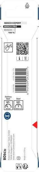 Verpackung für ein Bosch Expert-Werkzeug mit Produktinformationen, Barcode, QR-Code und Kompatibilitätssymbolen für Materialien wie Edelstahl und Stahl.