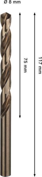 Ein Metallbohrer mit einer Länge von 117 mm, einer nutzbaren Länge von 75 mm und einem Durchmesser von 8 mm, dargestellt mit Pfeilen, die die Abmessungen angeben.