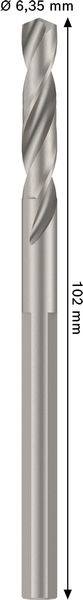 Bild eines langen, metallischen Bohrers mit spiralförmigem Design. Der Bohrer hat eine Länge von 102 mm und einen Durchmesser von 6,03 mm.