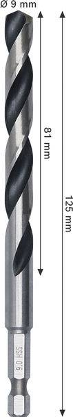Bohrbilddarstellung mit 9 mm Durchmesser, 125 mm Gesamtlänge und 81 mm Spiralabschnittslänge.