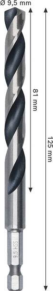 Bohrmeißel mit Abmessungen: Gesamtlänge 125 mm, Spirallänge 81 mm, Durchmesser 9,5 mm.