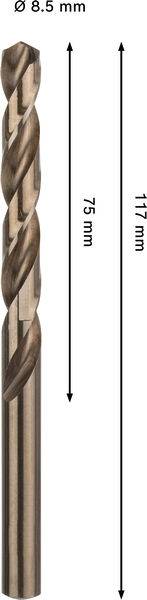 Ein Metallbohrer mit einem Durchmesser von 8,5 mm, einer Nutlänge von 75 mm und einer Gesamtlänge von 117 mm wird zur Größenreferenz dargestellt.