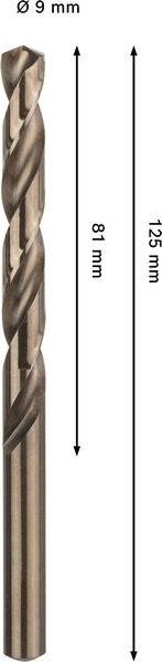 Ein 9-mm-Bohrer mit einer Länge von 125 mm wird vertikal mit einer 81-mm-Schneiden-länge dargestellt, was seine Größe und Abmessungen anzeigt.