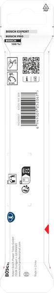 Verpackung für ein Bosch Expert Werkzeugzubehör mit Modellnummer, QR-Code, Barcode und Sicherheitssymbolen.