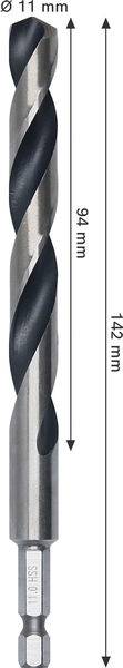 Ein metallischer Bohrer, 142 mm Gesamtlänge, mit einem 94 mm spiralförmigen Abschnitt und 11 mm Durchmesser.