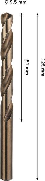 Ein Metallbohrmeißel mit einer Länge von 125 mm und einem Durchmesser von 9,5 mm, Spiralnuten und einer Schneidlänge von 81 mm wird vertikal angezeigt.