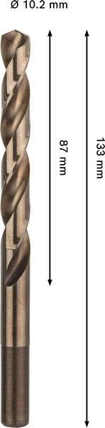 Metallbohrer mit der Bezeichnung 'Ø 10,2 mm' mit Pfeilen, die die Schneidenlänge von 87 mm und die Gesamtlänge von 135 mm anzeigen.
