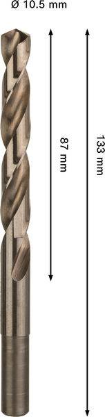 Ein Metallspiralbohrer, Länge 135 mm, mit einem Durchmesser von 10,5 mm.